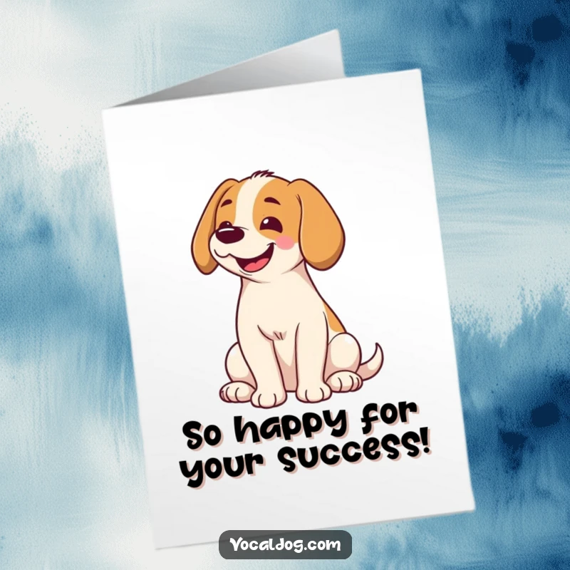 Funny Free Printable Congratulations Card featuring a dog sitting, head tilted adorably, with a massive, happy grin.