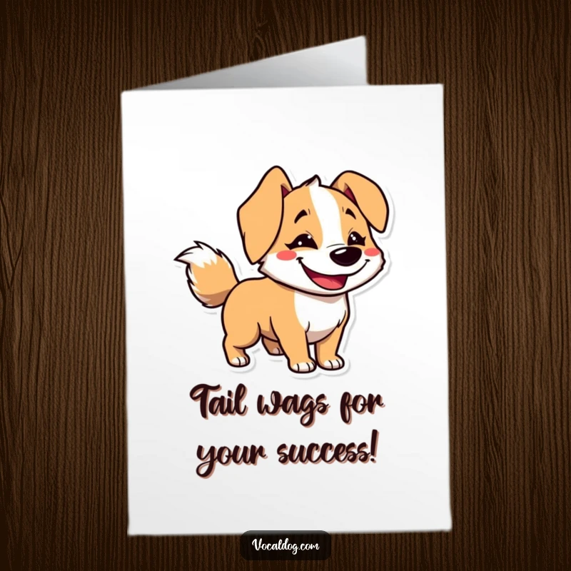 Funny Free Printable Congrats Card showcasing a dog with a wide goofy grin and a vigorously blurred tail.