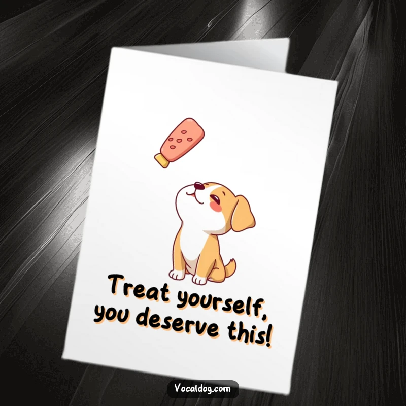 Funny Free Printable Congrats Card: A dog looks up with intense adoration, fixated on a floating treat, symbolizing desire and focus.