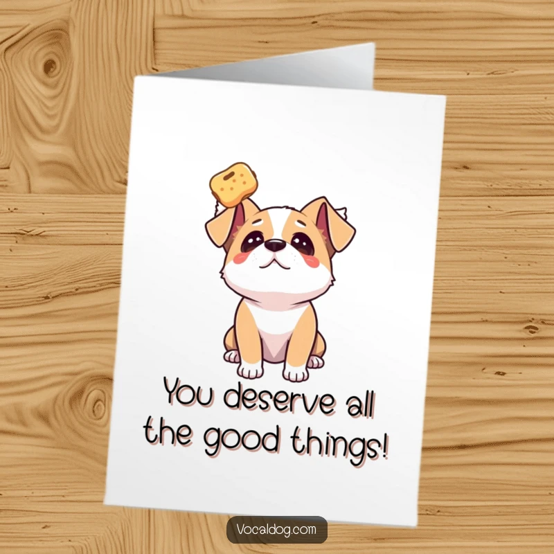 Funny free printable congratulations card of a dog looking up at a floating treat.