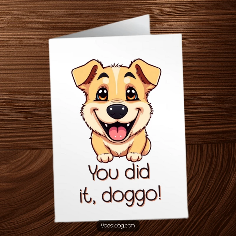 Funny Free Printable Congratulations Card showcasing a dog with a wide, uncontrollable goofy grin and gleaming eyes.