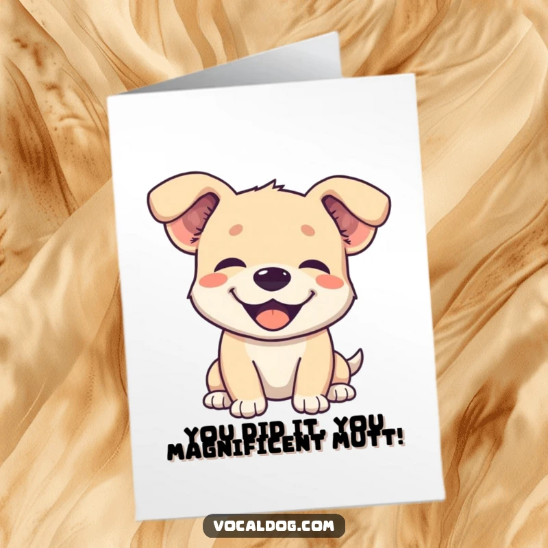 Funny Free Printable Congratulations Card: A dog with its ears flopped back, a wide smile conveying immense happiness and pride.