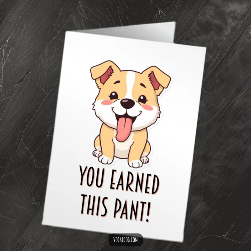 Funny Free Printable Congratulations Card featuring a dog happily panting, tongue out, radiating pure joy and excitement.