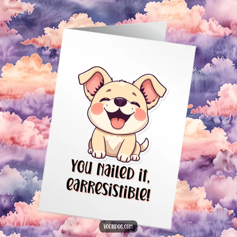 Funny Free Printable Congratulations Card: A happy dog with ears flopping upwards, celebrating a great achievement with pure glee.