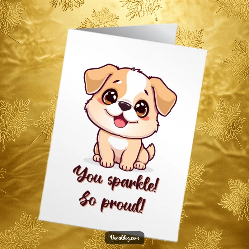 Funny Free Printable Congratulations Card: A dog's eyes sparkle as its entire body wags with overwhelming happiness and pride. Downloadable art.