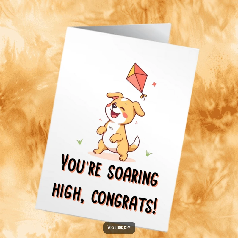 Funny Free Printable Congrats Card: An ecstatic dog is hilariously engaged in playing with a vibrant, colorful kite.
