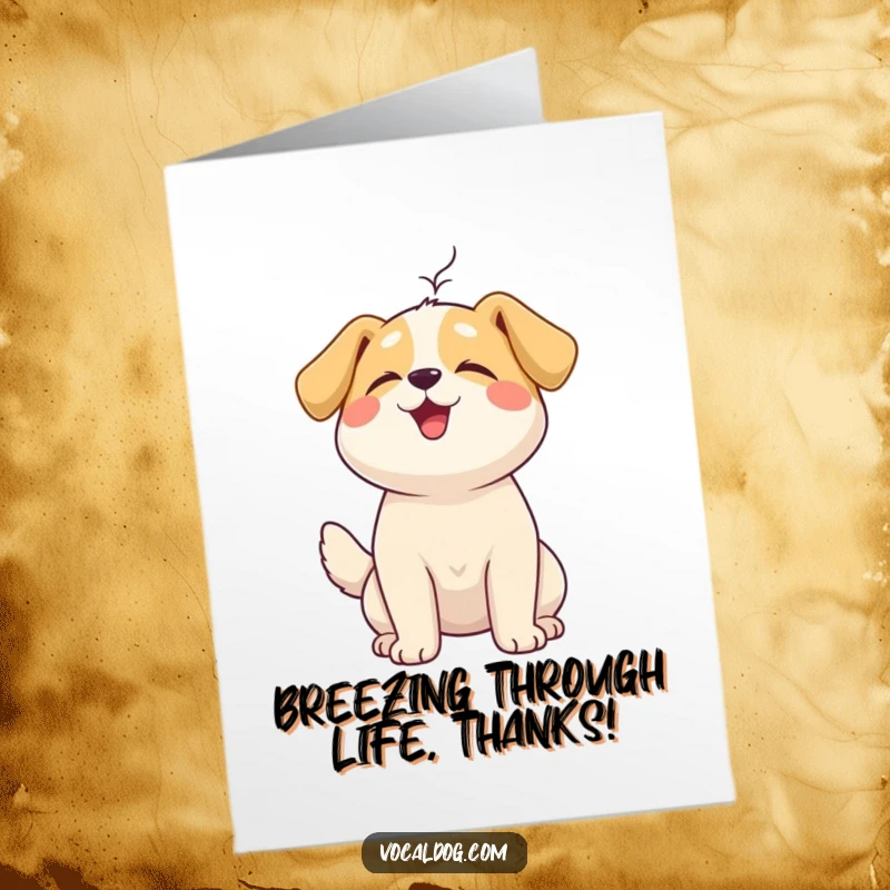 Funny Free Printable Thank You Card: A happy dog with head tilted up, enjoying the sensation of a gentle breeze.