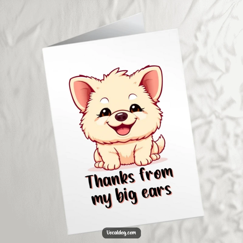 Funny Free Printable Thank You Card: A fluffy dog with impressively large ears and a wide, happy grin, conveying sincere gratitude.