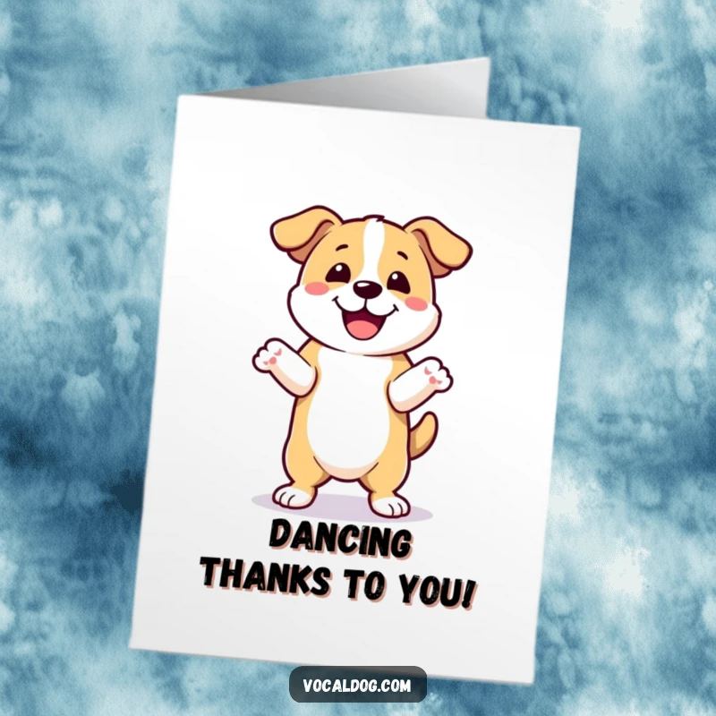 Funny Free Printable Thank You Card: A dog is depicted doing a jubilant happy dance, with its front paws enthusiastically raised. Easy to print.