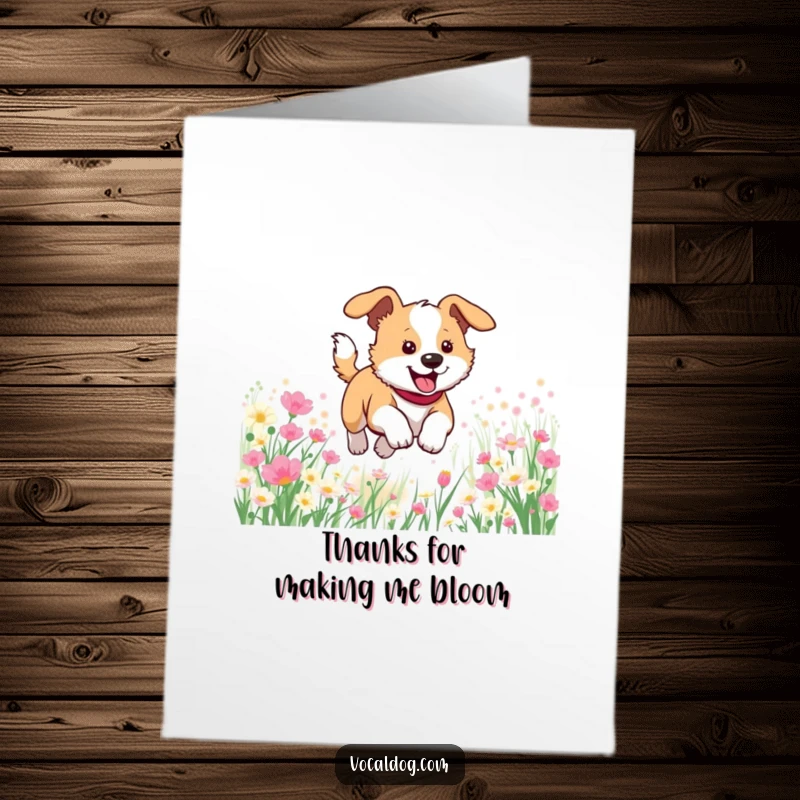 Funny Free Printable Thank You Card of a dog leaping with glee through a picturesque field of blooming flowers.