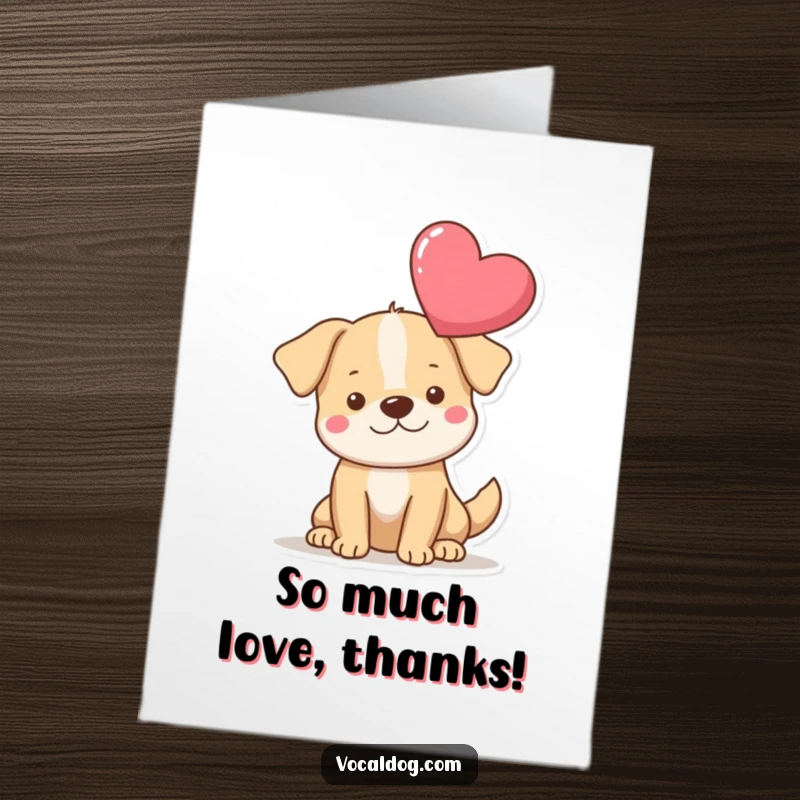 Funny Free Printable Thank You Card: A dog is depicted with a single, prominent heart floating above its head, signifying heartfelt thanks. Easy to print.
