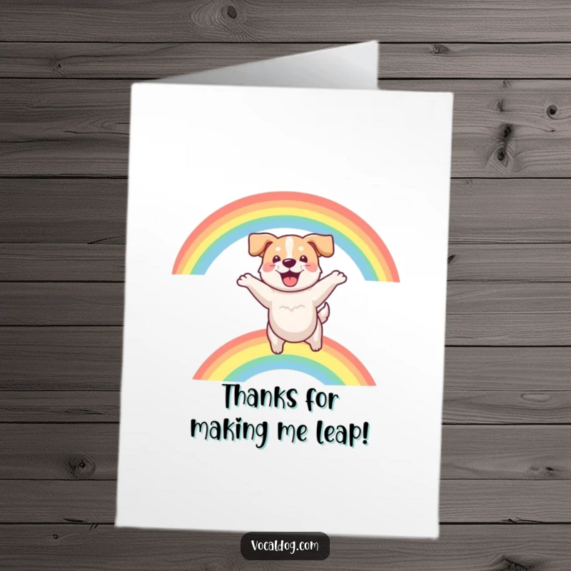 Funny Free Printable Thank You Card: A happy dog jumps through a rainbow, expressing sincere gratitude.