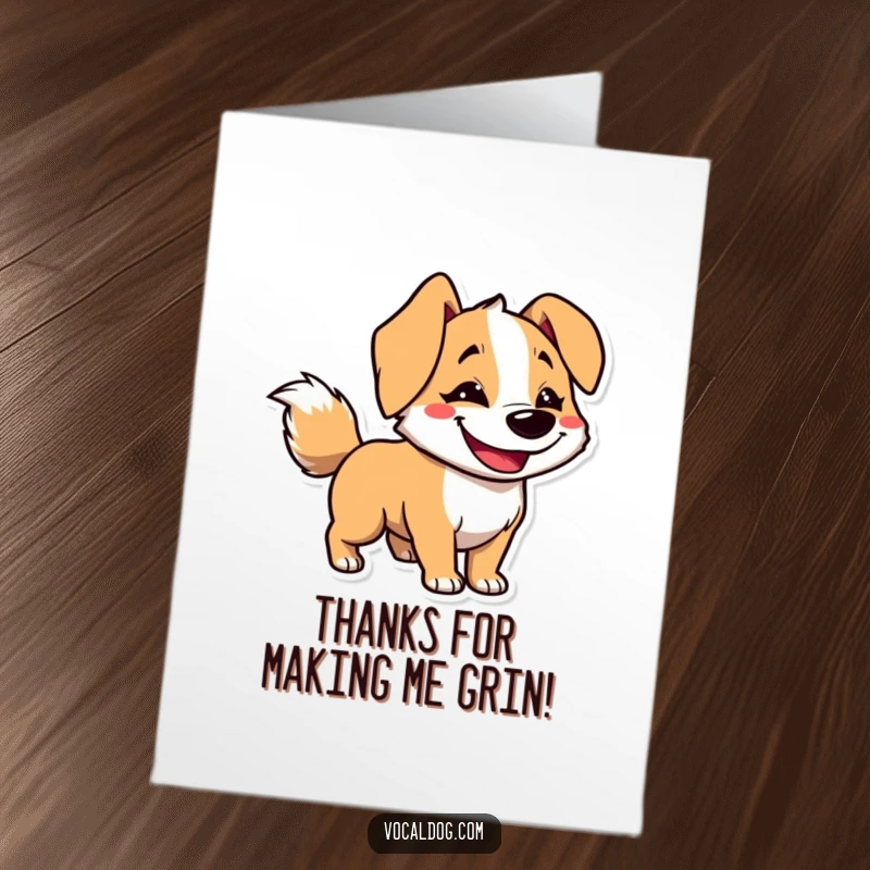 Funny Free Printable Thank You Card of a dog wearing an enormous goofy grin and a blurred tail.