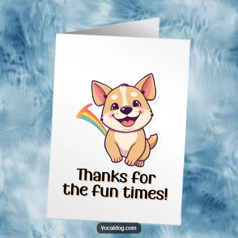 Funny Free Printable Thank You Card showing a dog with a goofy grin enthusiastically pursuing a colorful rainbow.