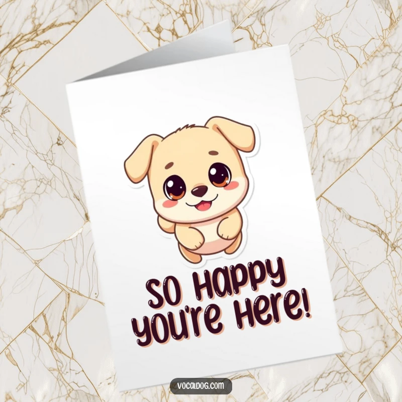Funny Free Printable Thank You Card featuring a small, round dog with big eyes making a happy bounding leap.