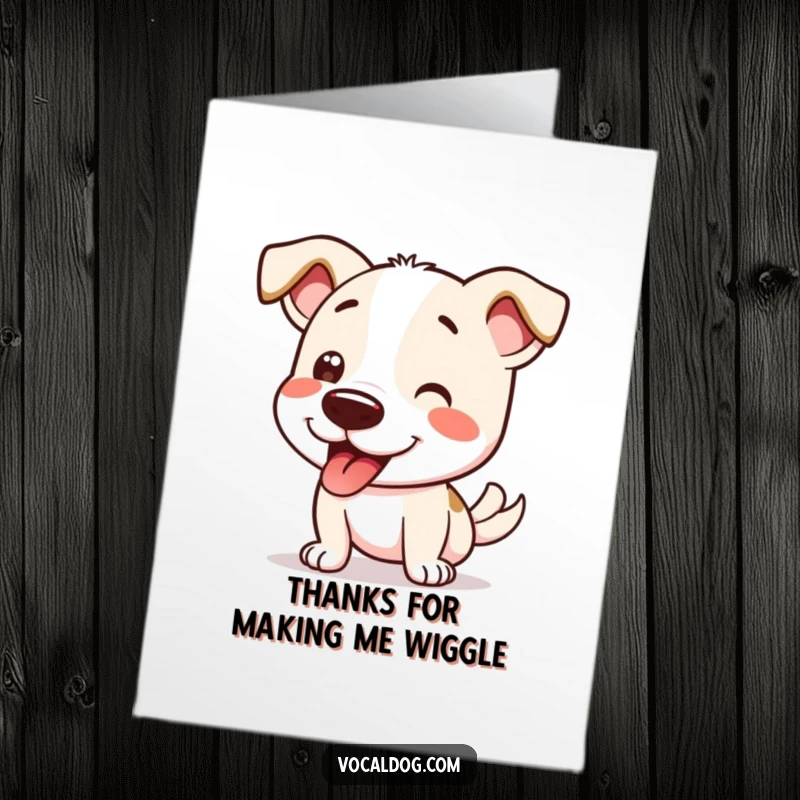 Funny Free Printable Thank You Card of a dog joyfully doing a nose-to-tail happy wiggle.
