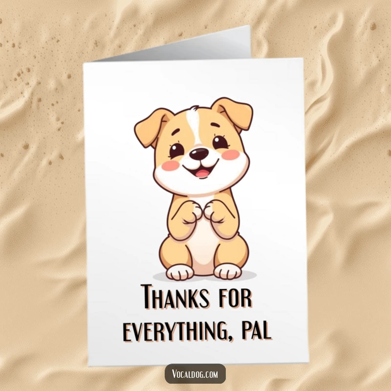 Funny Free Printable Thank You Card: A happy dog sitting upright, paws clasped in thanks, offering a charmingly polite expression.