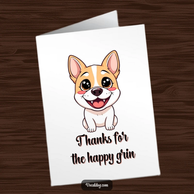 Funny Free Printable Thank You Card: A dog with sparkling eyes and a huge, happy grin, showing thanks with pure delight.