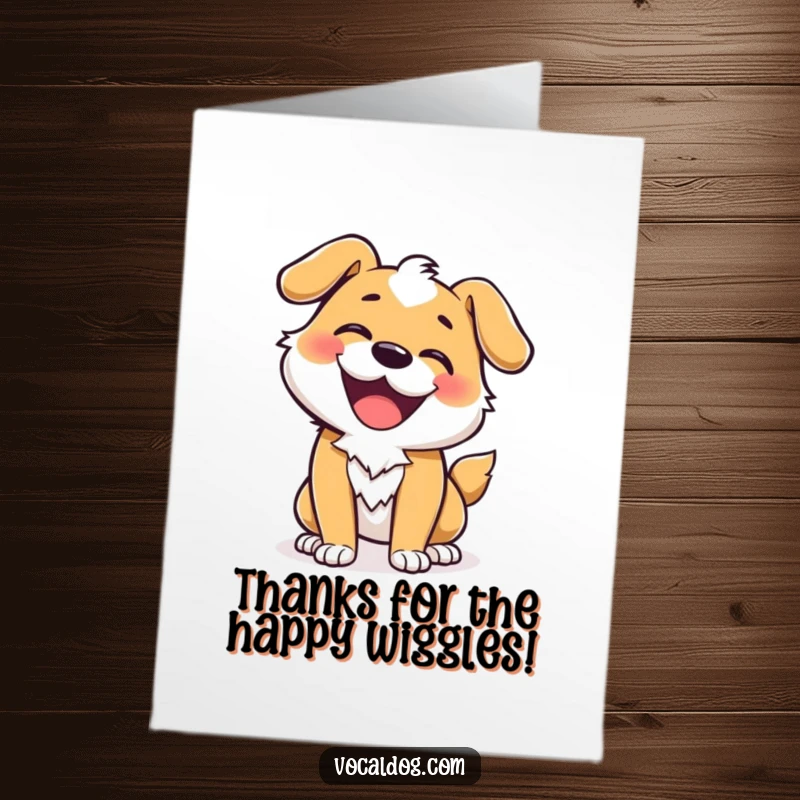 Funny Free Printable Thank You Card featuring a dog character doing a happy, energetic wiggle.