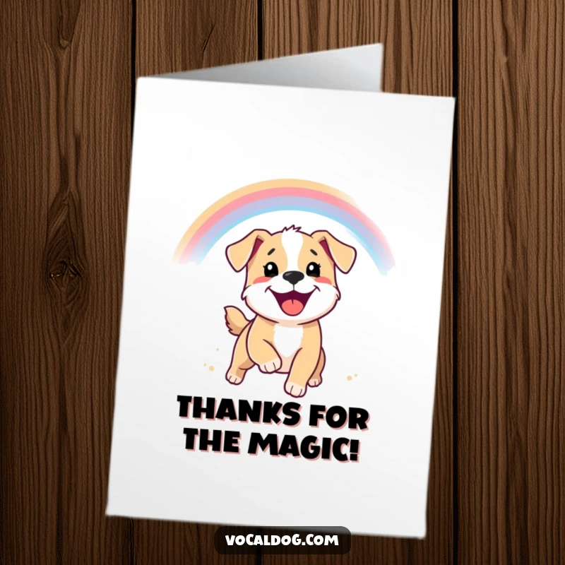 Funny Free Printable Thank You Card featuring a puppy with a beaming smile chasing a rainbow, conveying sweet and colorful thanks.