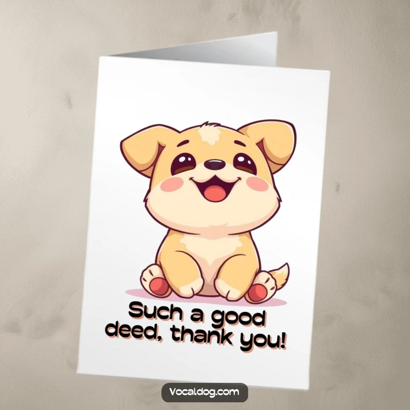 Funny Free Printable thank you card of a joyful dog with paws tucked, gazing upwards with heartfelt thanks.