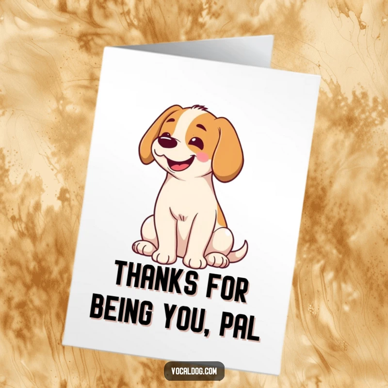 Funny Free Printable Thank You Card of a dog sitting with its head tilted, displaying a comically broad and happy smile.