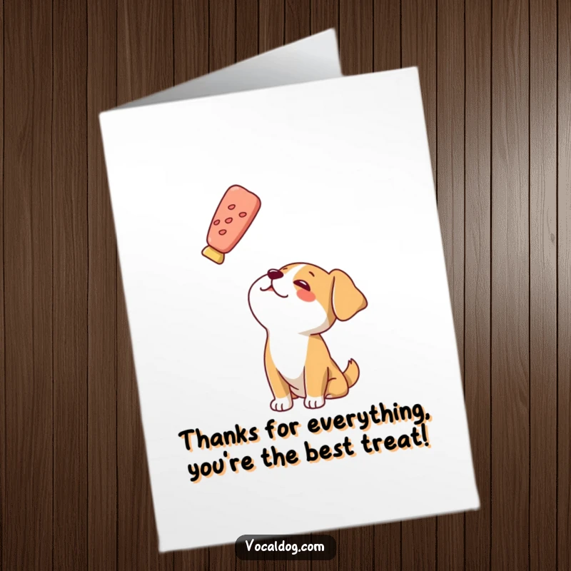 Funny Free Printable Thank You Card: A dog gazes with deep adoration and longing at a floating treat, anticipating a reward.