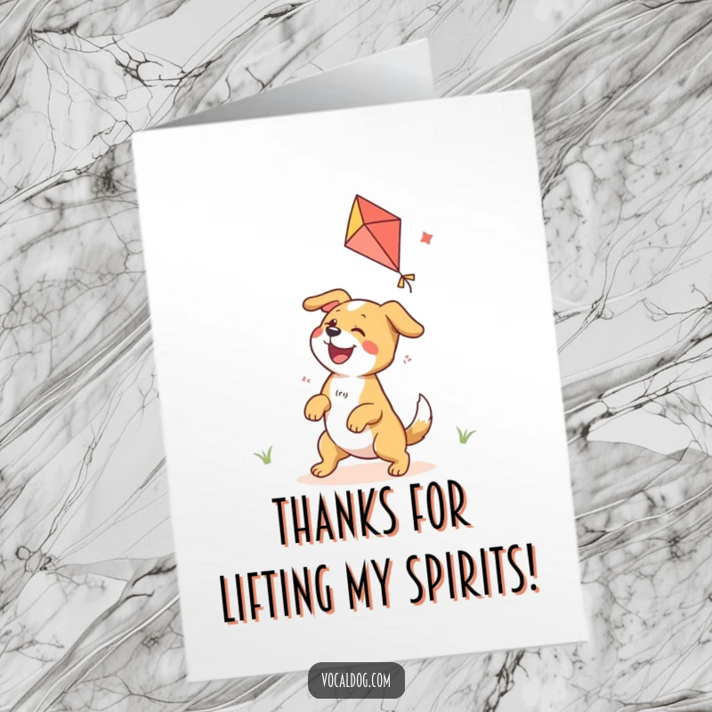 Funny Free Printable Thank You Card: An ecstatic dog is captured mid-play, enthusiastically flying a colorful kite.