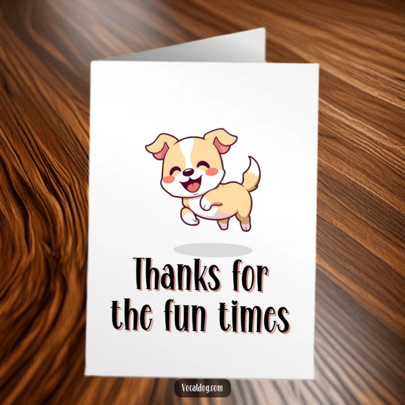 Funny Free Printable thank you card of a dog happily spinning in a circle, playfully attempting to catch its own tail.