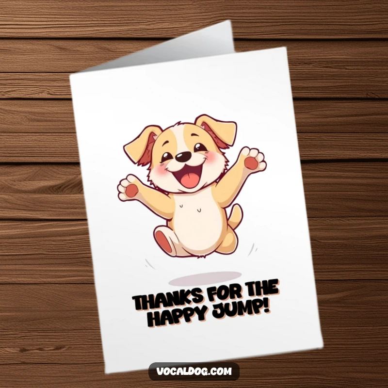 Funny Free Printable Thank You Card: A dog is captured mid-jump, paws flailing wildly, conveying immense happiness and thanks.