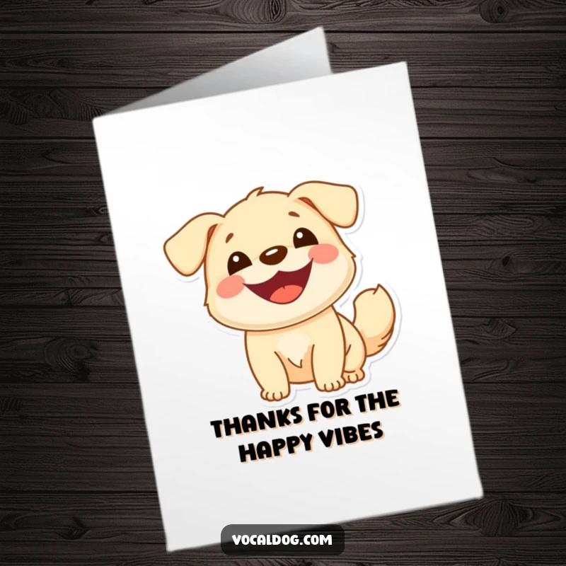 Funny Free Printable thank you card of a dog beaming with a wide smile and a tail in constant, happy motion.