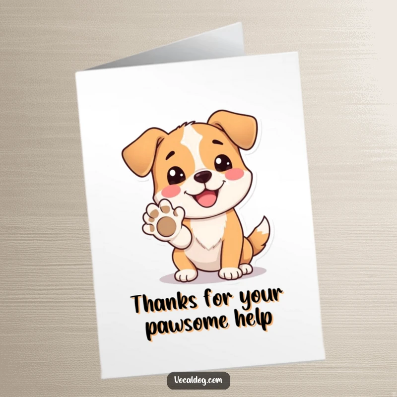 Funny Free Printable Thank You Card of a dog offering its paw with a genuinely beaming, happy face.