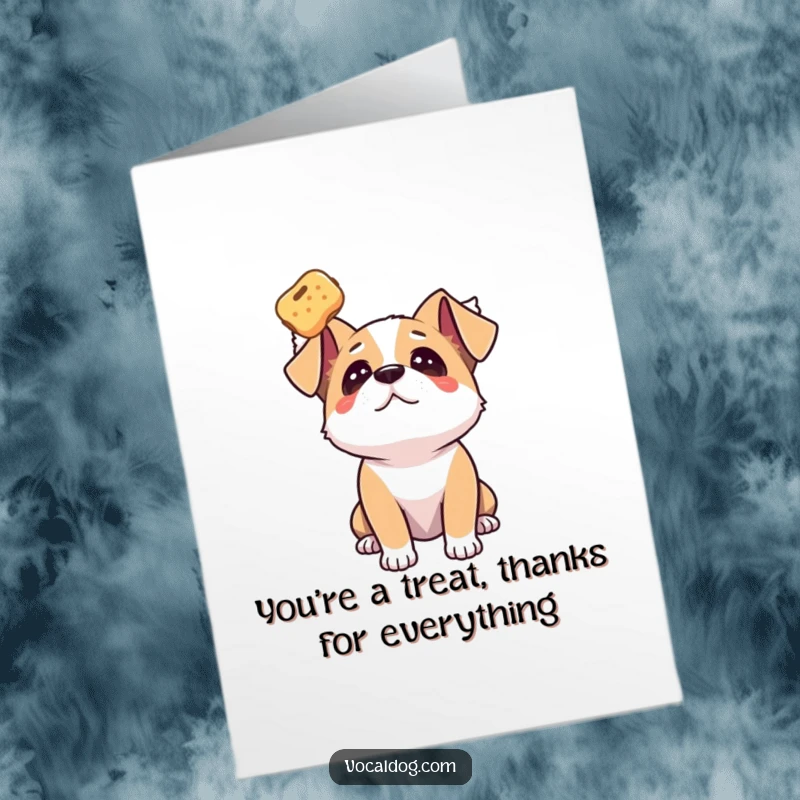 Funny free printable thank you card of a dog gazing adoringly at a floating treat.