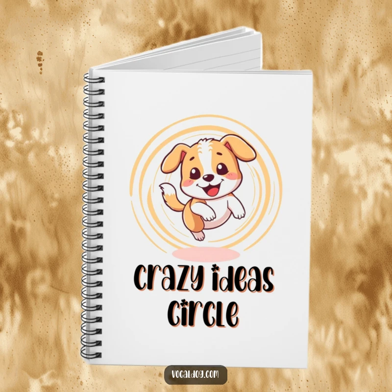 Funny notebook with a dog character spinning in a dizzy circle while chasing its tail. Ideal for notes and ideas.
