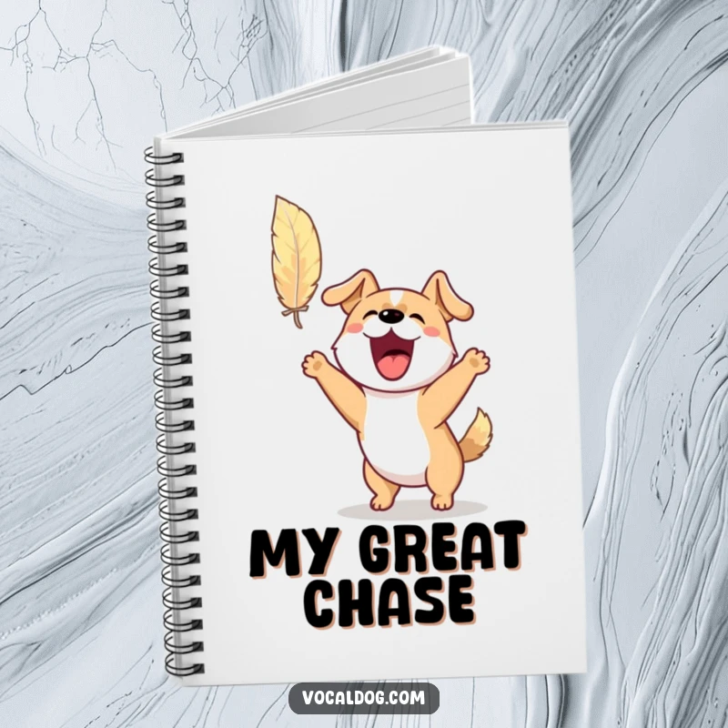 Funny notebook featuring an excited dog barking and jumping for a floating feather, perfect for capturing playful thoughts and ideas.