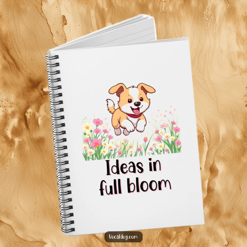 Funny notebook cover featuring a dog joyfully bounding through a colorful flower field, perfect for note-taking and creative ideas.