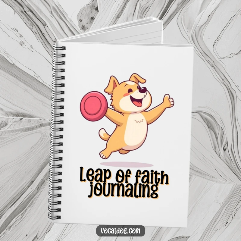Funny notebook cover with a dog joyfully leaping to catch a frisbee, great for jotting notes with a dose of playful energy.