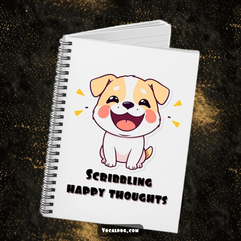 Funny notebook cover featuring a stylized dog's open mouth, visually depicting the expression of loud, happy sounds and pure delight.