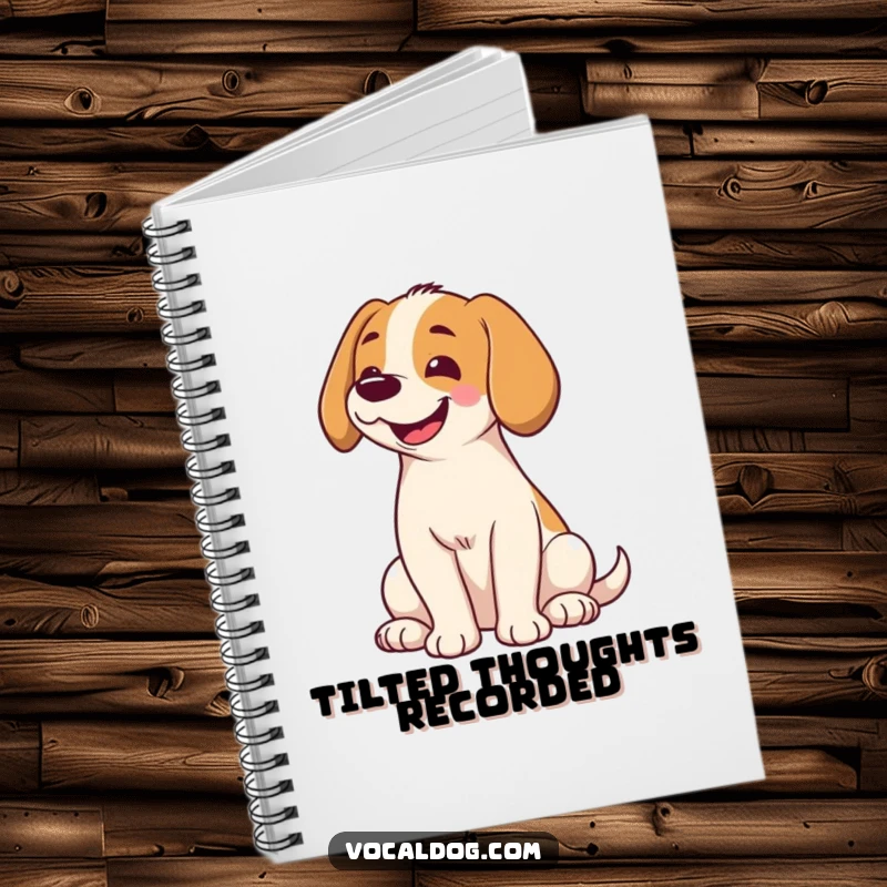 Funny notebook cover with a dog sitting, head tilted, and smiling broadly, perfect for capturing thoughts with a dose of cuteness.