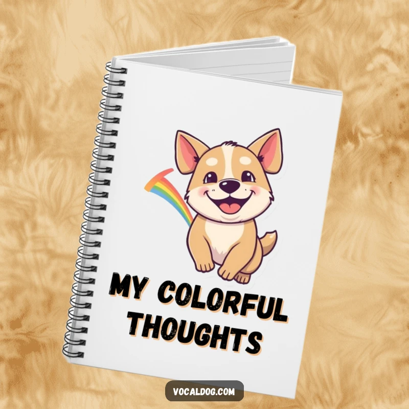 Funny Notebook with a dog's infectious goofy grin, chasing a rainbow, perfect for capturing playful thoughts.