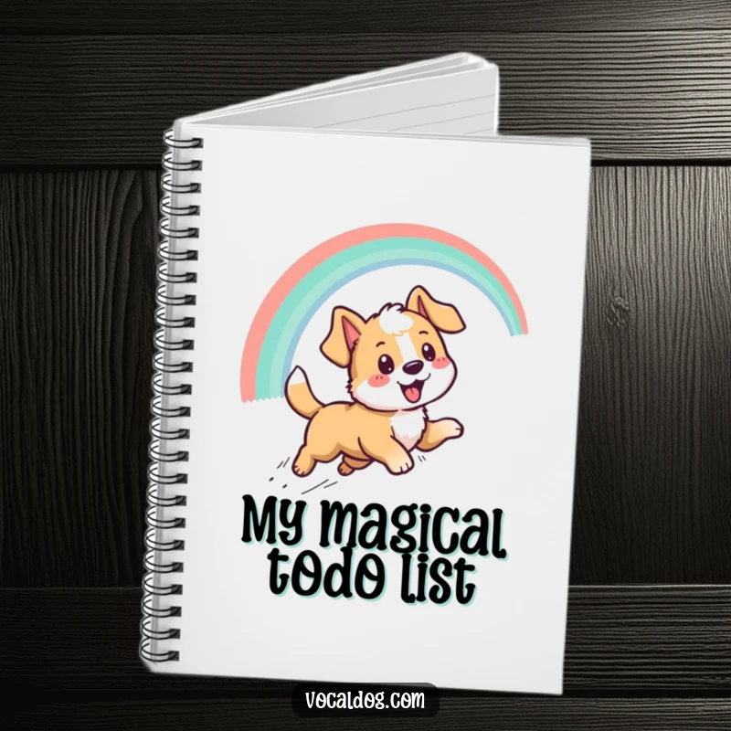 Funny notebook cover illustration of a happy dog character pursuing a vibrant rainbow, ideal for note-taking and journaling with humor.