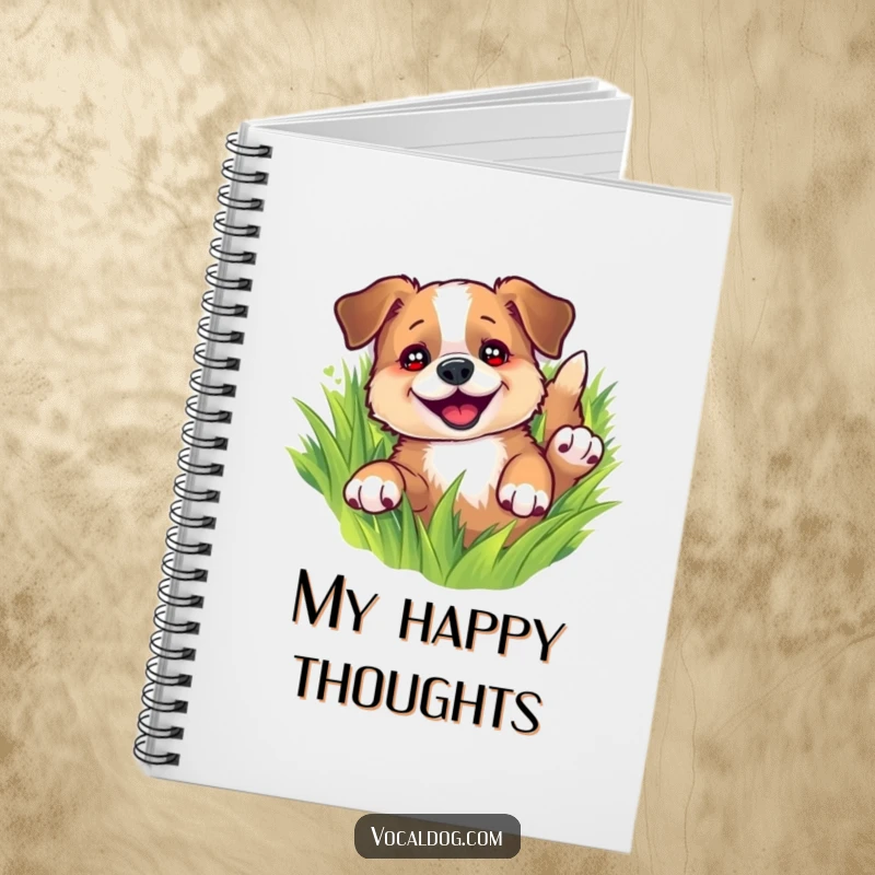Funny notebook cover featuring a dog joyfully rolling in lush green grass, eyes sparkling, inspiring fun ideas, stationery gift.