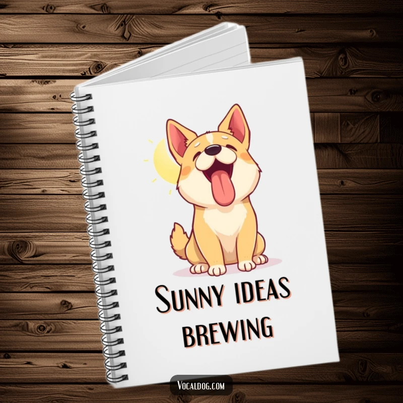 Funny notebook cover featuring a dog tilting its head up, panting happily in the sun, inspiring cheerful thoughts, stationery gift.