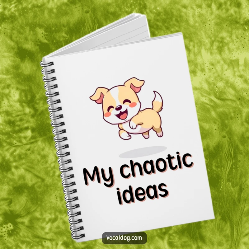 Funny notebook cover featuring a dog playfully chasing its tail in a delighted circle, inspiring fun and playful thoughts, stationery gift.