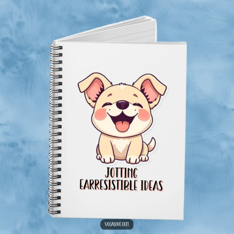 Funny dog notebook with a happy dog whose ears are flopping joyfully upwards, ready for joyful notes.