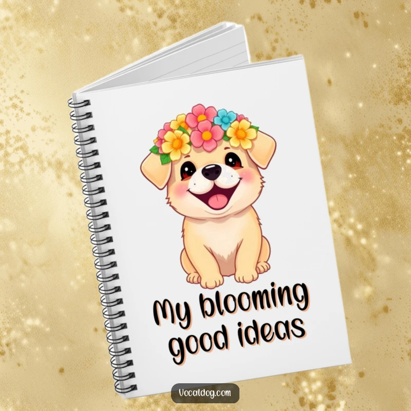 Funny notebook cover with a happy dog wearing a flower crown, radiating pure joy and cheerful vibes.