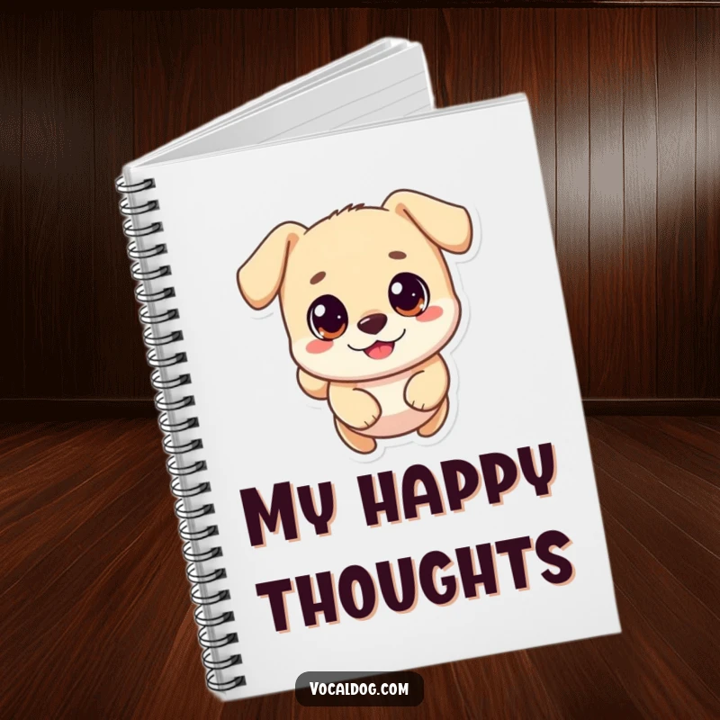 Funny notebook featuring a small, round dog character joyfully leaping, with big happy eyes, ideal for capturing bright ideas.