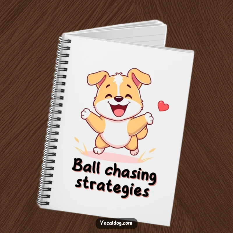 Funny Dog Notebook featuring a dog character playing fetch with immense happiness, inspiring thoughts on joy and play with a humorous design.