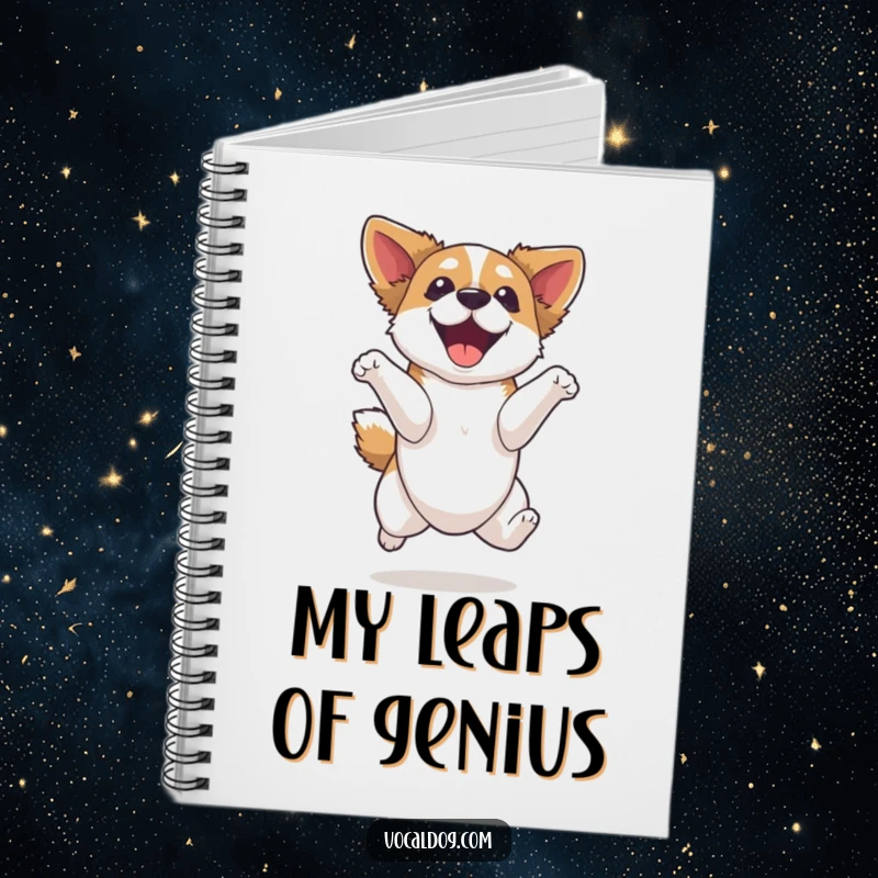 Funny dog notebook, a dog mid-air with a look of pure elation, inspiring users to jot down their energetic and joyful ideas.