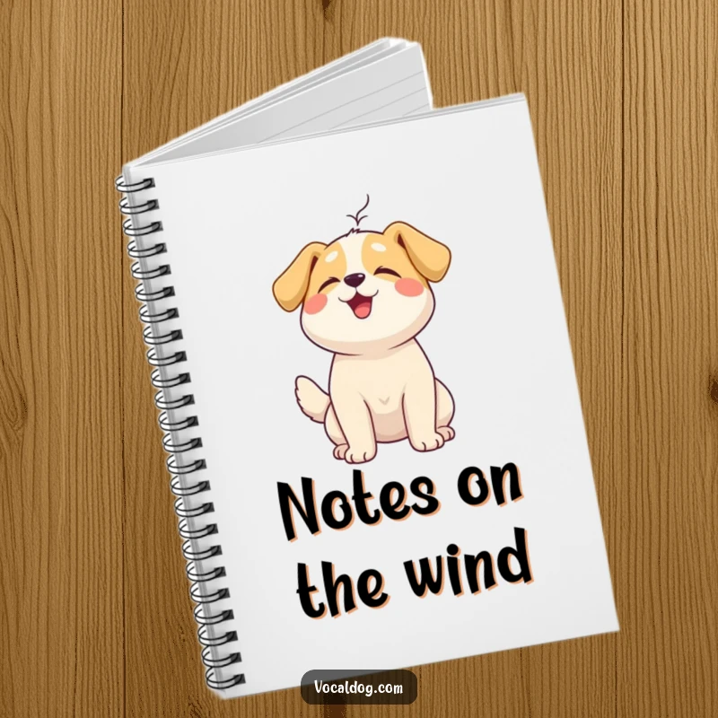 Funny Notebook with a happy dog character enjoying a gentle breeze, ideal for peaceful notes.